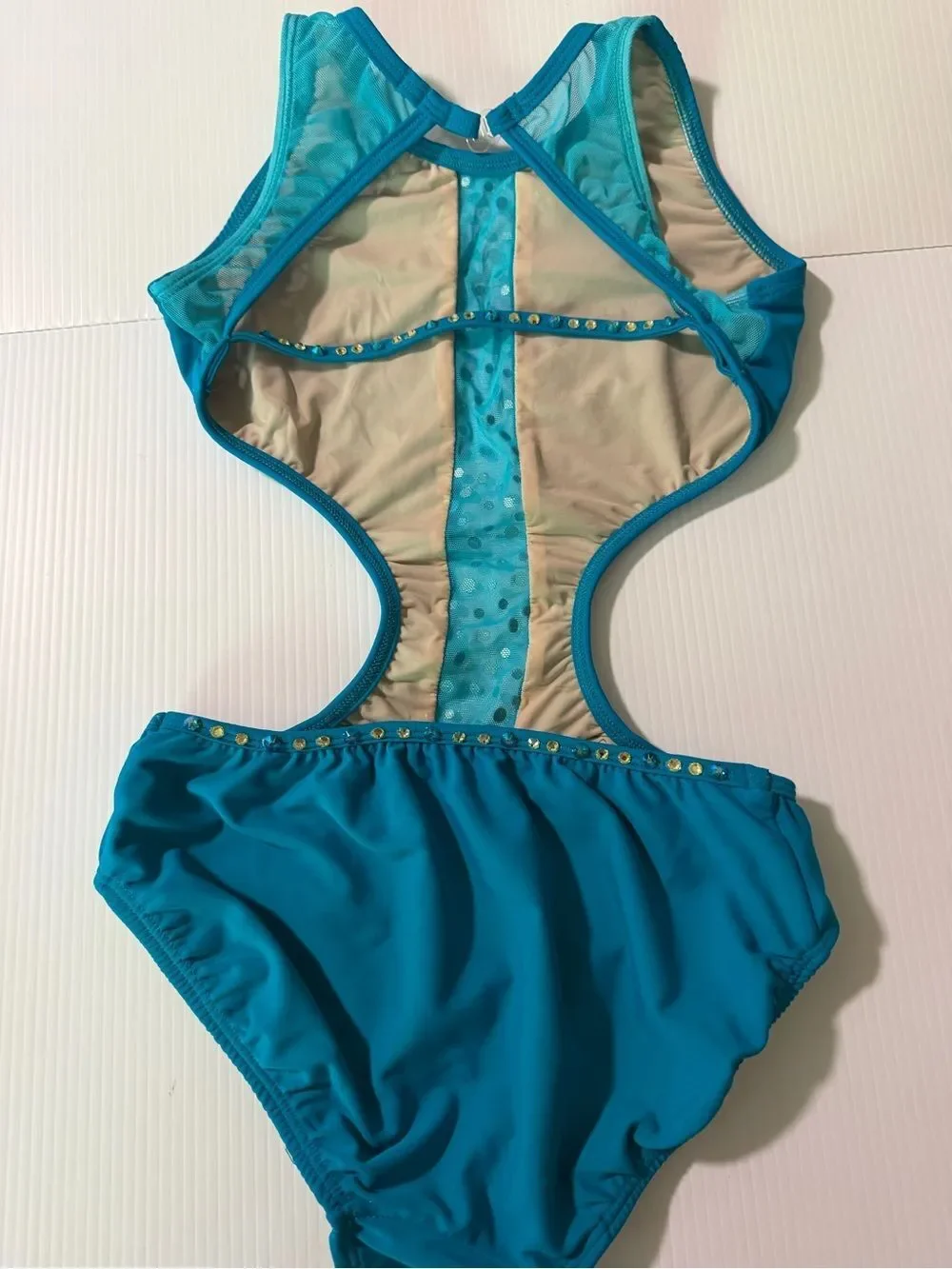 Opra solo custom dance costume leotard cutout illusion teal aqua LC-large child